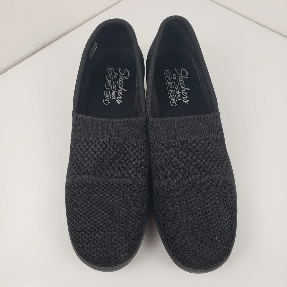 Skechers Women's 11 Pier Lite‎ Wow Factor Black Knit Wedge Slip On Sneaker Shoes